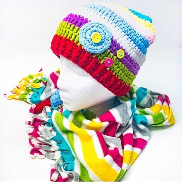 Rainbow Striped Set: Hand Knit Beanie & Old Navy Fleece Scarf - Picture 2 of 11